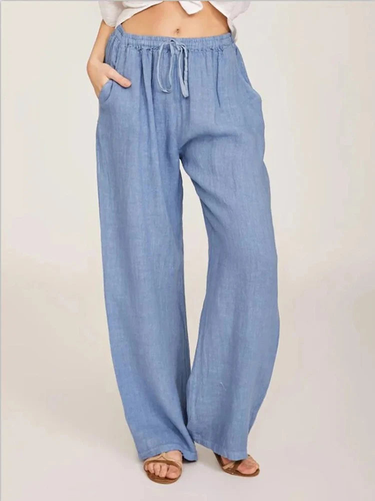 Women Cotton Linen Pants High Waist Wide-Leg Trousers - Casual & Breathable