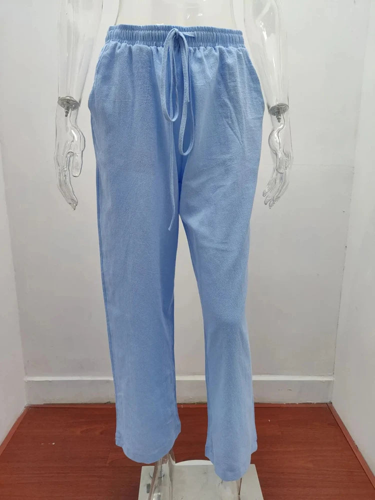 Women Cotton Linen Pants High Waist Wide-Leg Trousers - Casual & Breathable