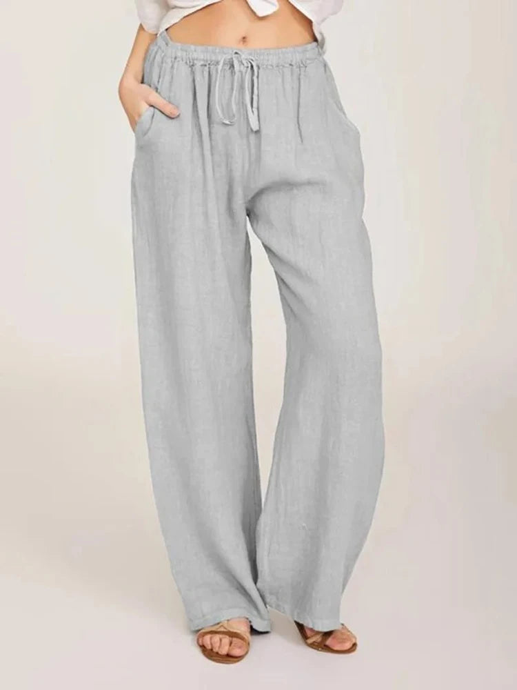 Women Cotton Linen Pants High Waist Wide-Leg Trousers - Casual & Breathable