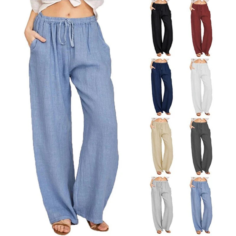 Women Cotton Linen Pants High Waist Wide-Leg Trousers - Casual & Breathable