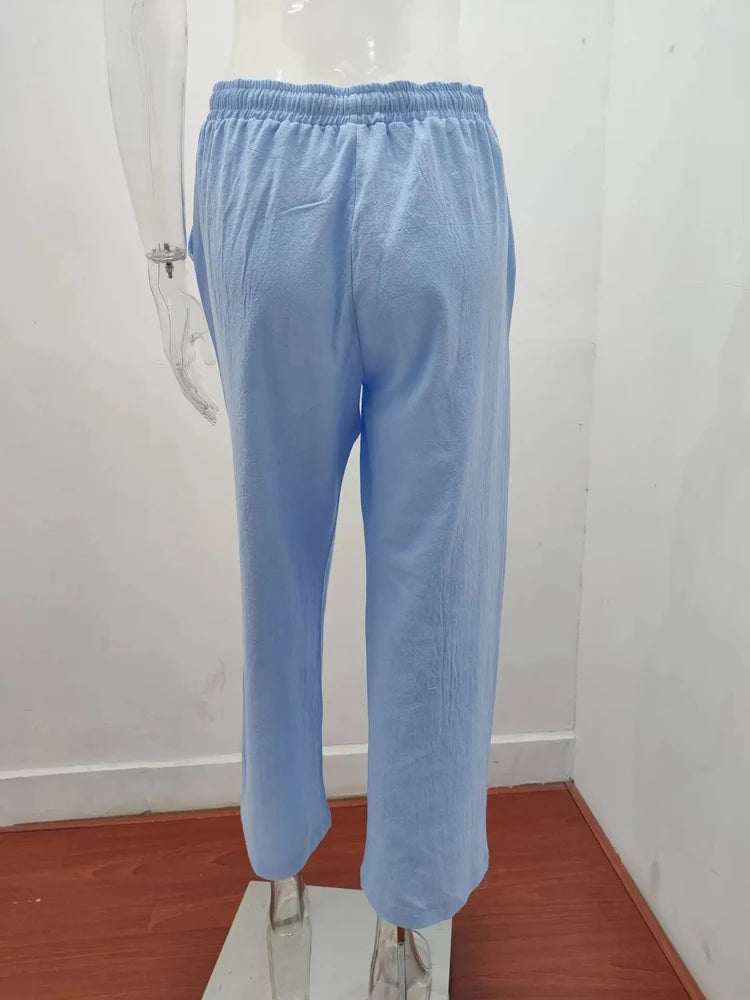 Women Cotton Linen Pants High Waist Wide-Leg Trousers - Casual & Breathable