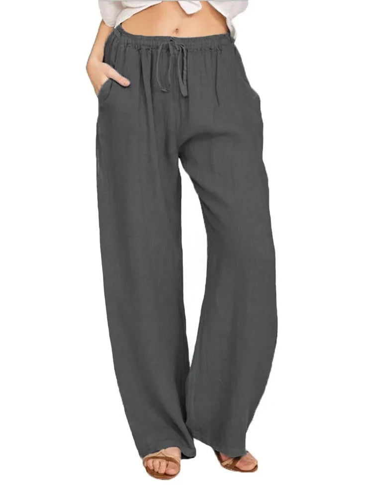 Women Cotton Linen Pants High Waist Wide-Leg Trousers - Casual & Breathable