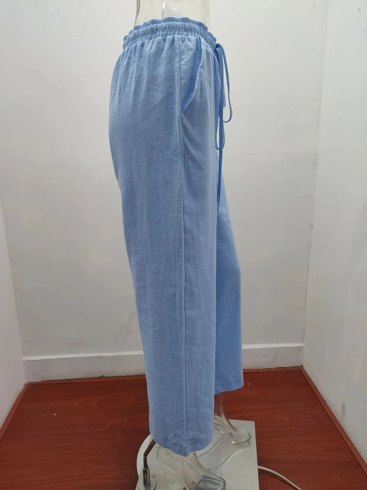 Women Cotton Linen Pants High Waist Wide-Leg Trousers - Casual & Breathable