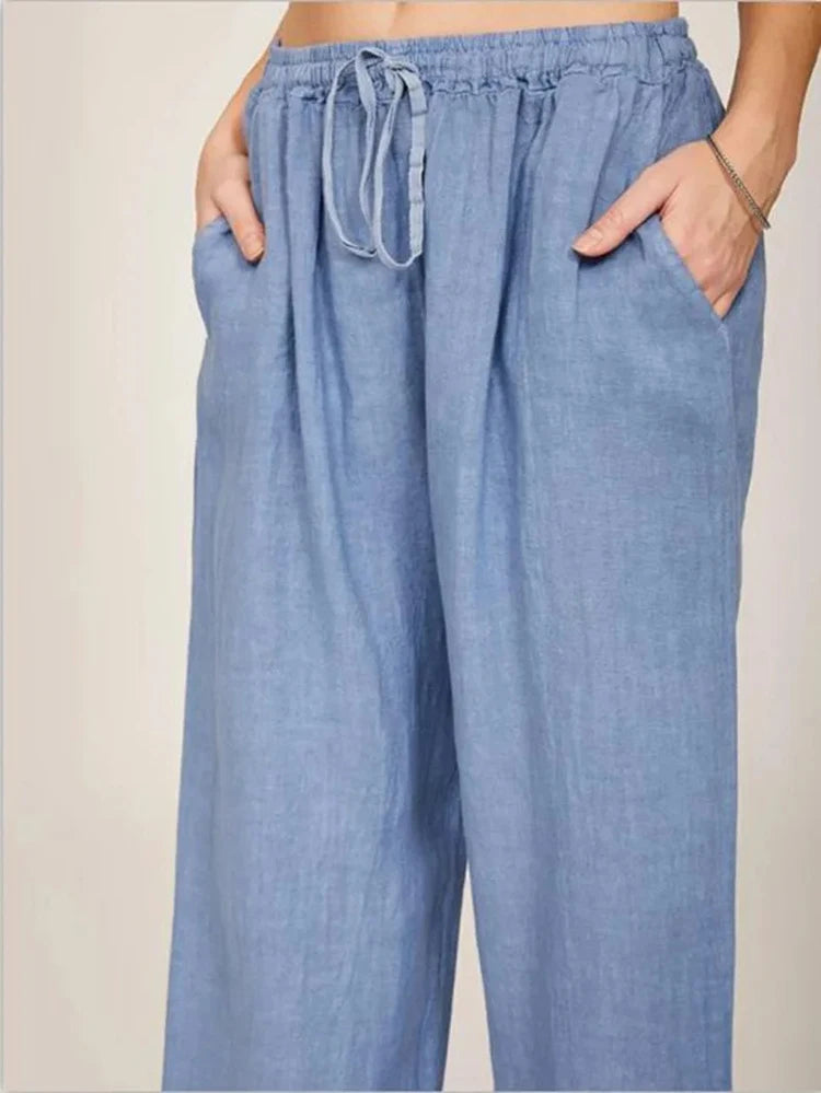 Women Cotton Linen Pants High Waist Wide-Leg Trousers - Casual & Breathable