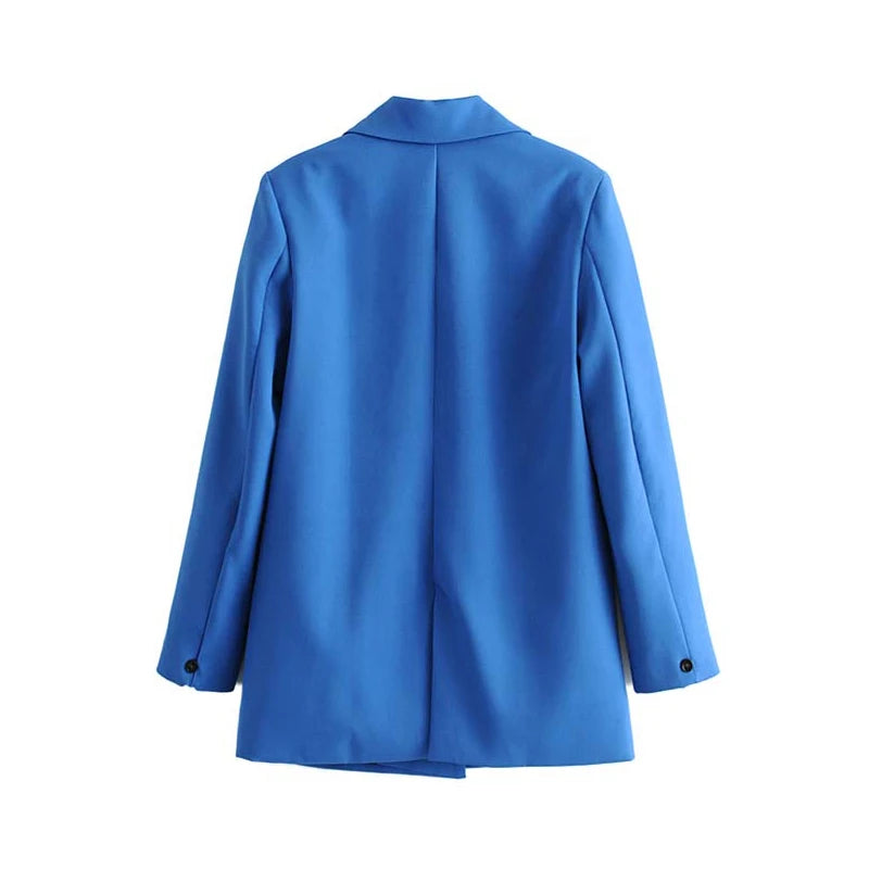 TRAF Women Chic Office Lady Double Breasted Blazer - Vintage Notched Collar Long Sleeve Coat