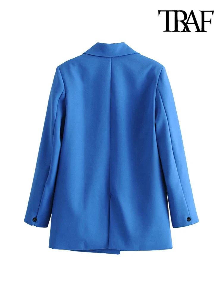 TRAF Women Chic Office Lady Double Breasted Blazer - Vintage Notched Collar Long Sleeve Coat