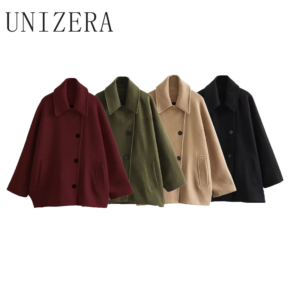 UNIZERA Women's Short Blended Coat - Casual Polo Neck, Cloak Sleeve, Winter Top