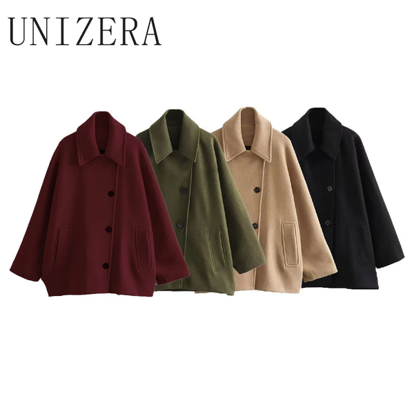 UNIZERA Women's Short Blended Coat - Casual Polo Neck, Cloak Sleeve, Winter Top