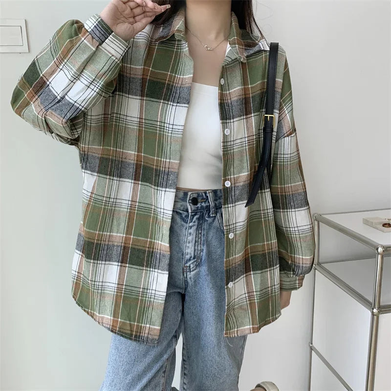 Plaid Shirt for Women, Autumn Long Sleeve Top, Vintage Fashion Blouse