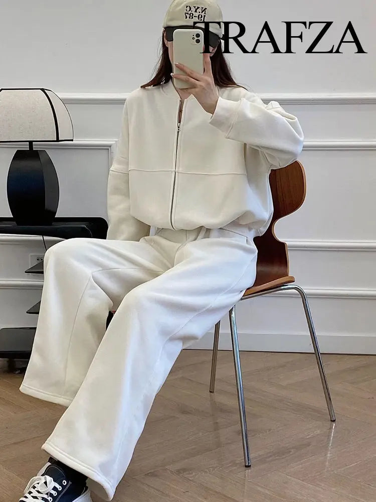 TRAFZA Women's 2-Piece Retro Zipper Bomber Jacket Sweatshirt & High-Waisted Velvet Pants Suit