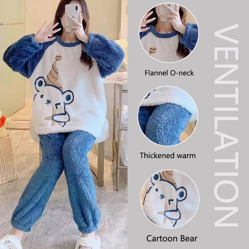 Thickened Warm Flannel Women's Pajamas Set - Cartoon Bear Loungewear