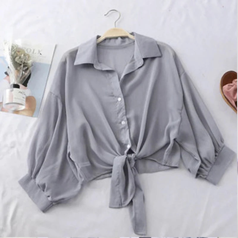 Casual Loose White Chiffon Blouse with Tied Waist for Women