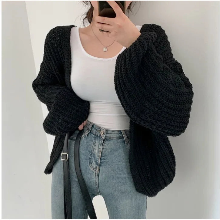 Vintage Harajuku Lantern Sleeve Women Cardigan Sweater – Casual Korean Fall Streetwear