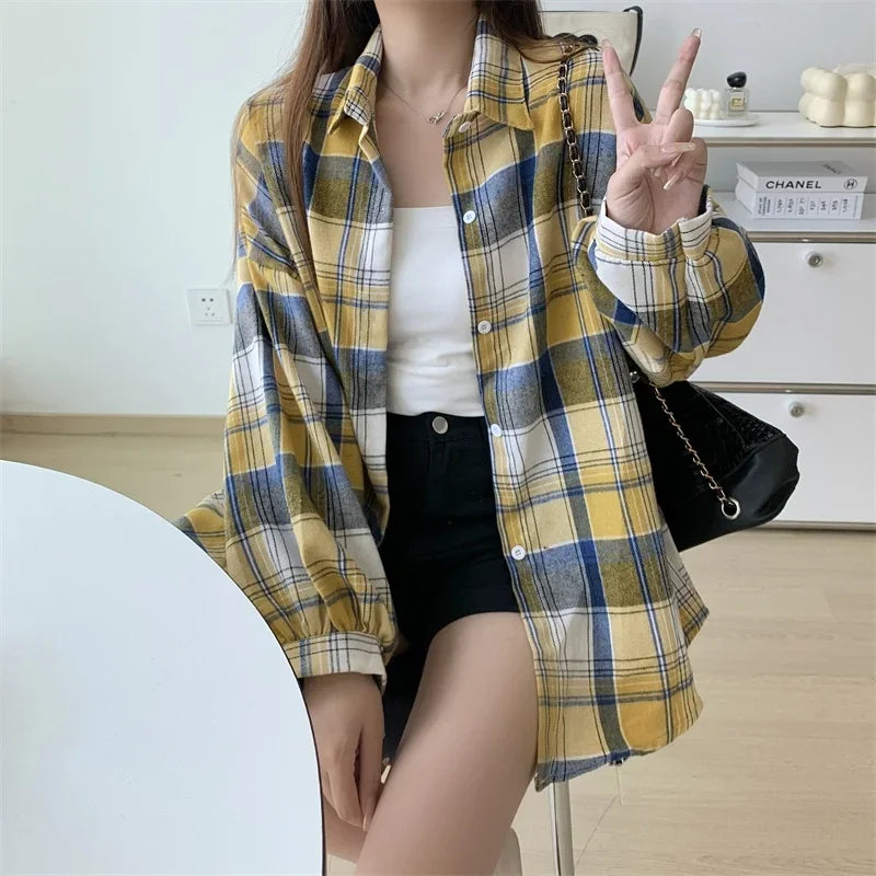 Plaid Shirt for Women, Autumn Long Sleeve Top, Vintage Fashion Blouse