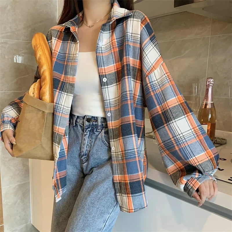 Plaid Shirt for Women, Autumn Long Sleeve Top, Vintage Fashion Blouse