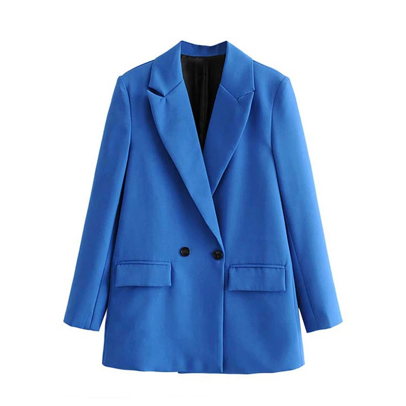 TRAF Women Chic Office Lady Double Breasted Blazer - Vintage Notched Collar Long Sleeve Coat