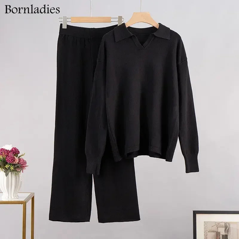 Bornladies Winter Knitted 2-Piece Suit for Women - Polo Neck Sweater & Wide Leg Pants