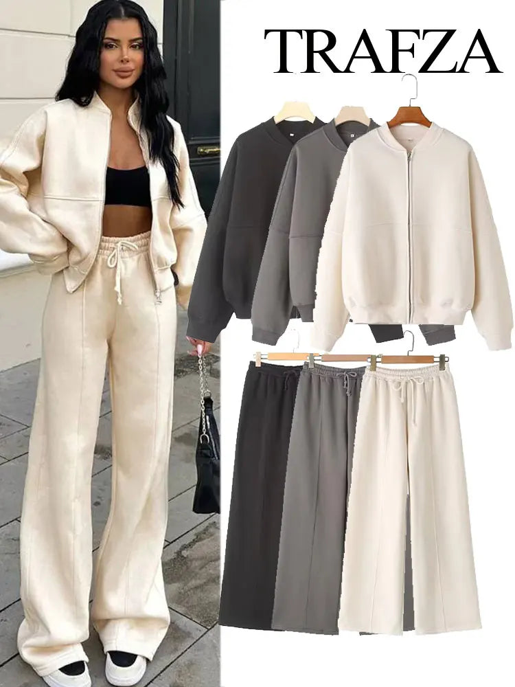 TRAFZA Women's 2-Piece Retro Zipper Bomber Jacket Sweatshirt & High-Waisted Velvet Pants Suit
