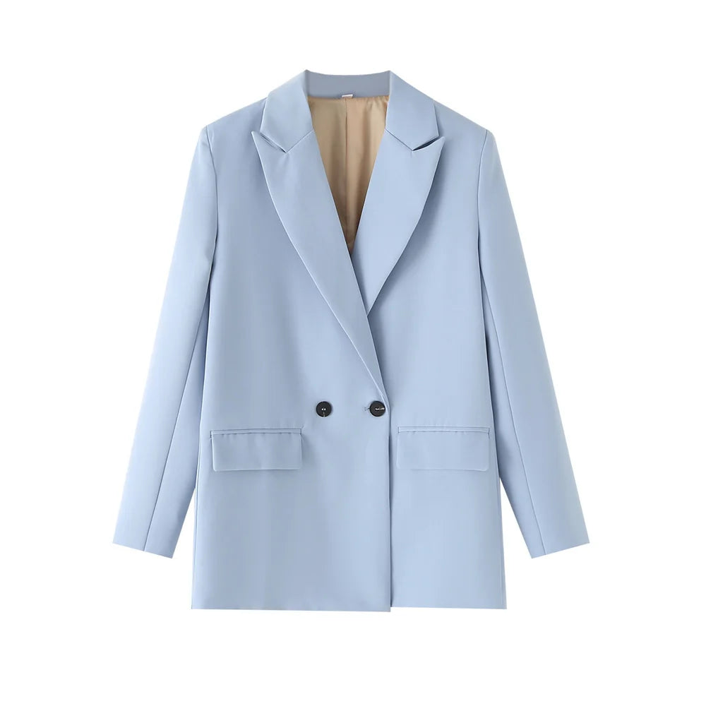 TRAF Women Chic Office Lady Double Breasted Blazer - Vintage Notched Collar Long Sleeve Coat