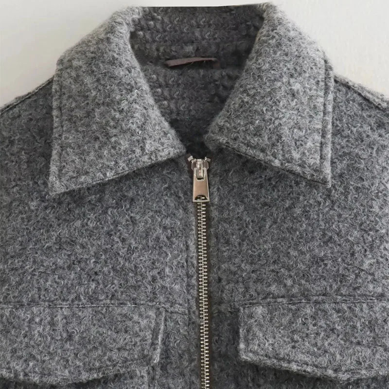TRAF Autumn Winter Cropped Jacket for Women - Tweed Zip Crop Coat