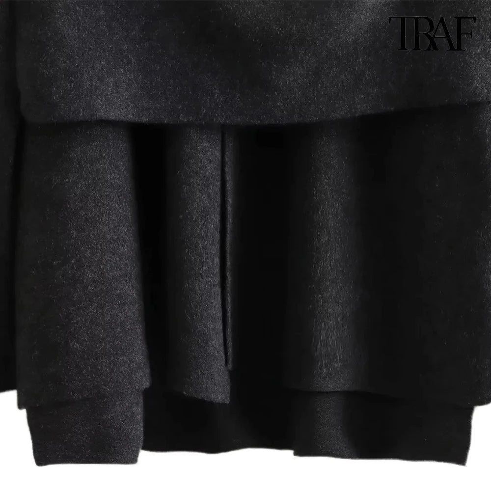 TRAF Women's Fashion Fall Winter Chic Knitted Asymmetric Jacket with Split Hem