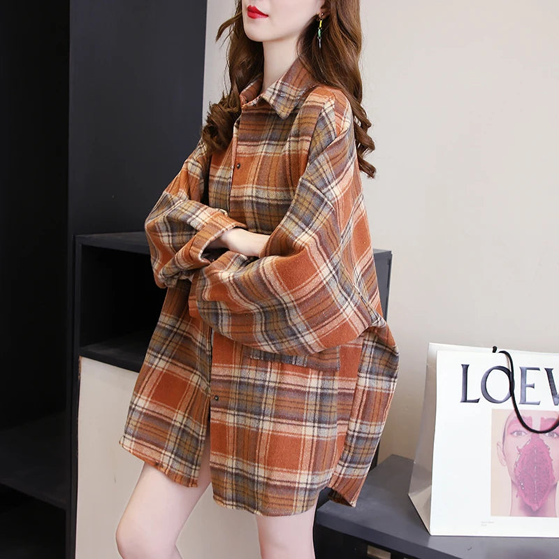 Plaid Shirt for Women, Autumn Long Sleeve Top, Vintage Fashion Blouse