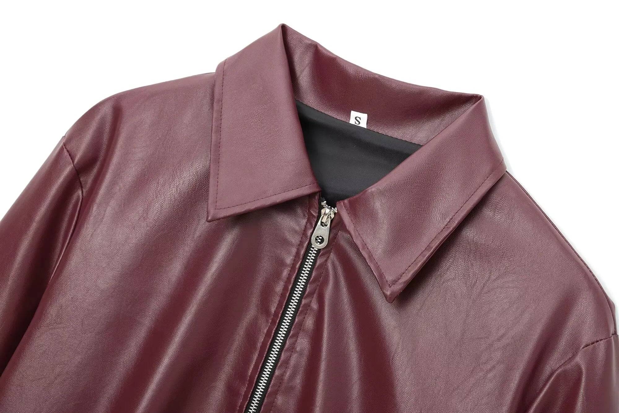 TRAFZA Wine Red Faux Leather Jacket for Women – Thicken Zipper Lapel Coat for Autumn & Winter