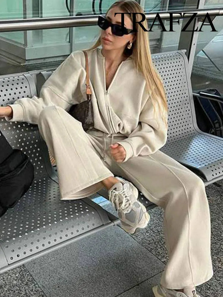 TRAFZA Women's 2-Piece Retro Zipper Bomber Jacket Sweatshirt & High-Waisted Velvet Pants Suit