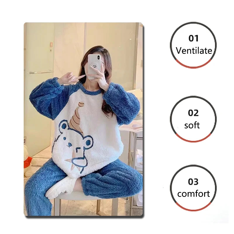 Thickened Warm Flannel Women's Pajamas Set - Cartoon Bear Loungewear