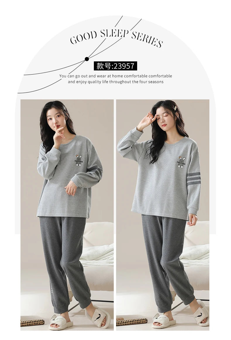 New Autumn Winter Waffle Cotton Pajamas for Women - Long Sleeves Sleepwear