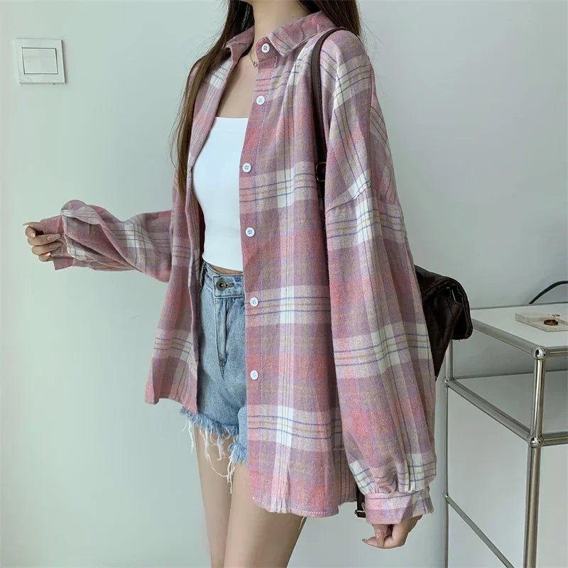 Plaid Shirt for Women, Autumn Long Sleeve Top, Vintage Fashion Blouse