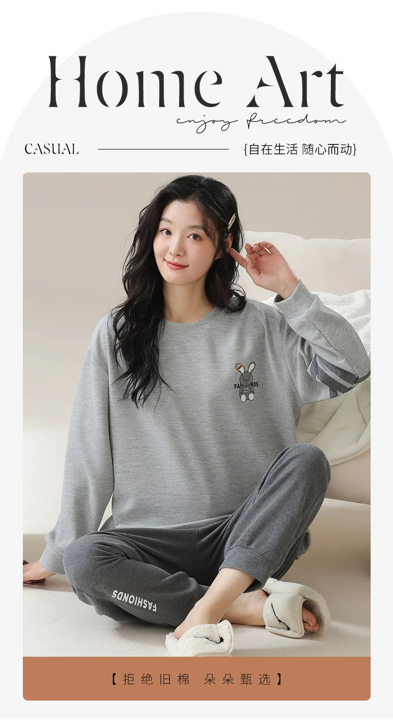 New Autumn Winter Waffle Cotton Pajamas for Women - Long Sleeves Sleepwear