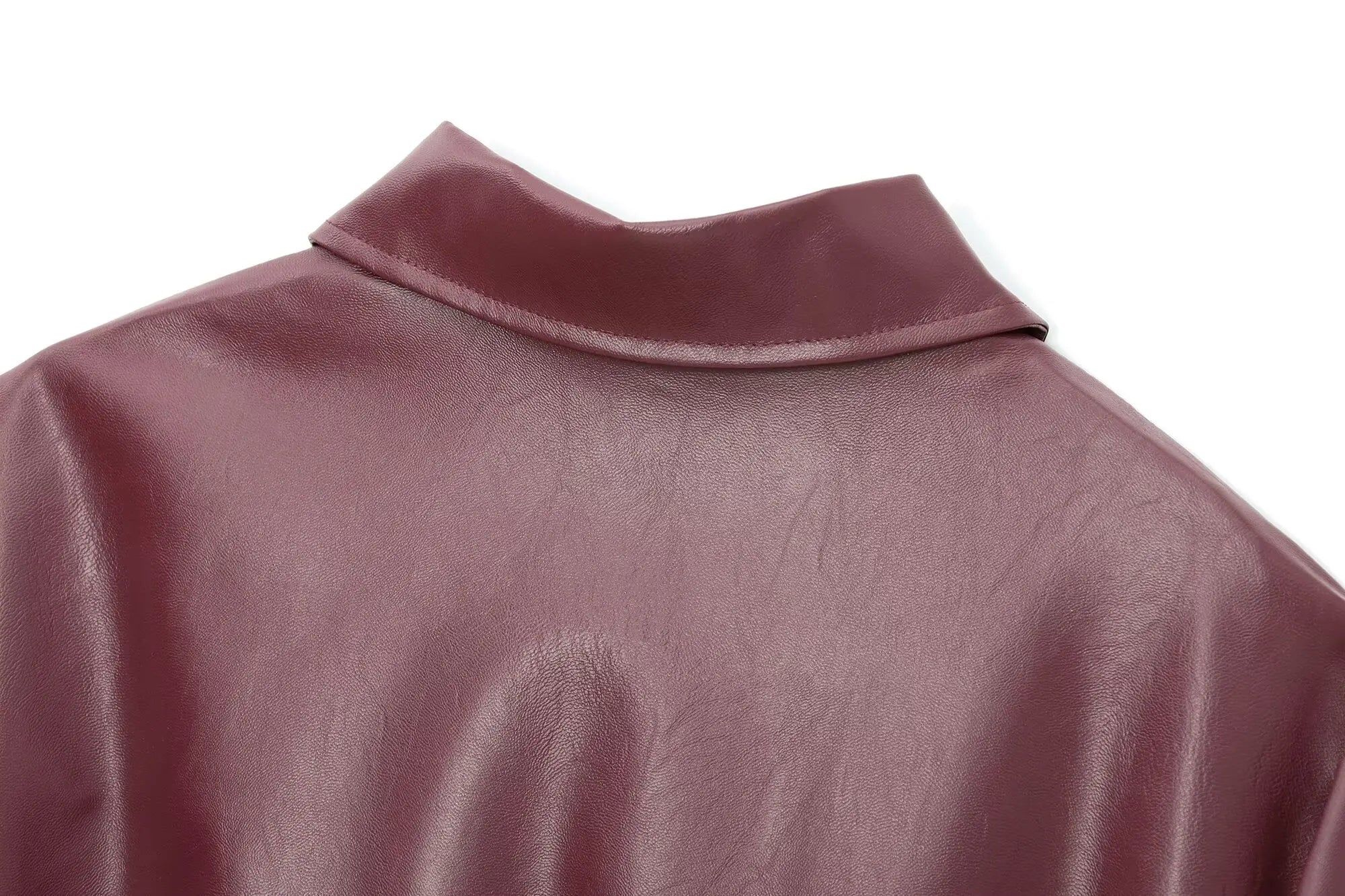 TRAFZA Wine Red Faux Leather Jacket for Women – Thicken Zipper Lapel Coat for Autumn & Winter