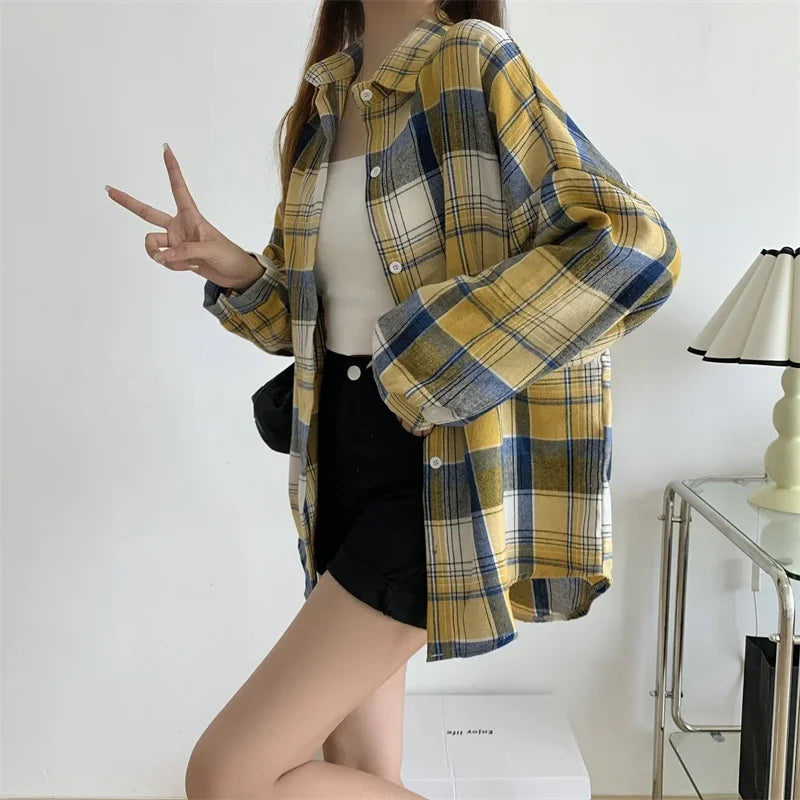 Plaid Shirt for Women, Autumn Long Sleeve Top, Vintage Fashion Blouse