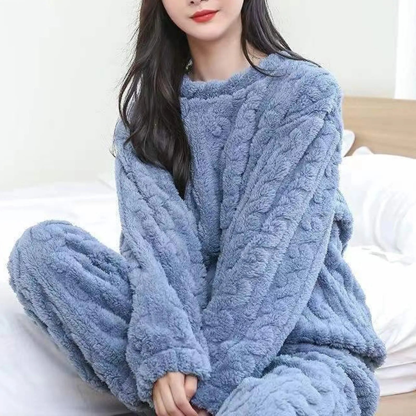 Winter Fuzzy Warm Pajamas Suit For Women Cozy Fleece Oversized Pullover Top And Pants Suit Female Loungewear 2 Piece Sets