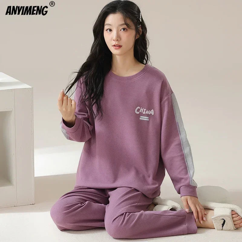 New Autumn Winter Waffle Cotton Pajamas for Women - Long Sleeves Sleepwear