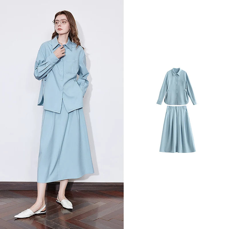 TOYOUTH Women Two-Piece Set Spring 2025 Long Sleeve Shirt & Mid-Length Skirt