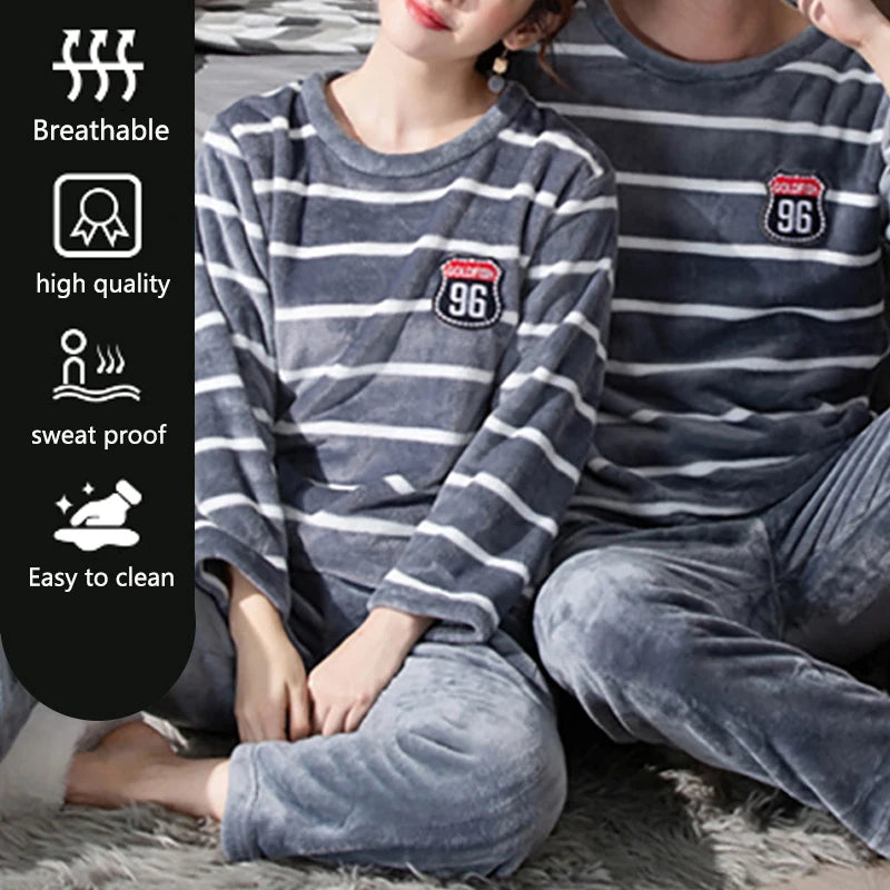 2pcs Fall Winter Coral Fleece Pajamas Set for Couples - Warm & Cozy