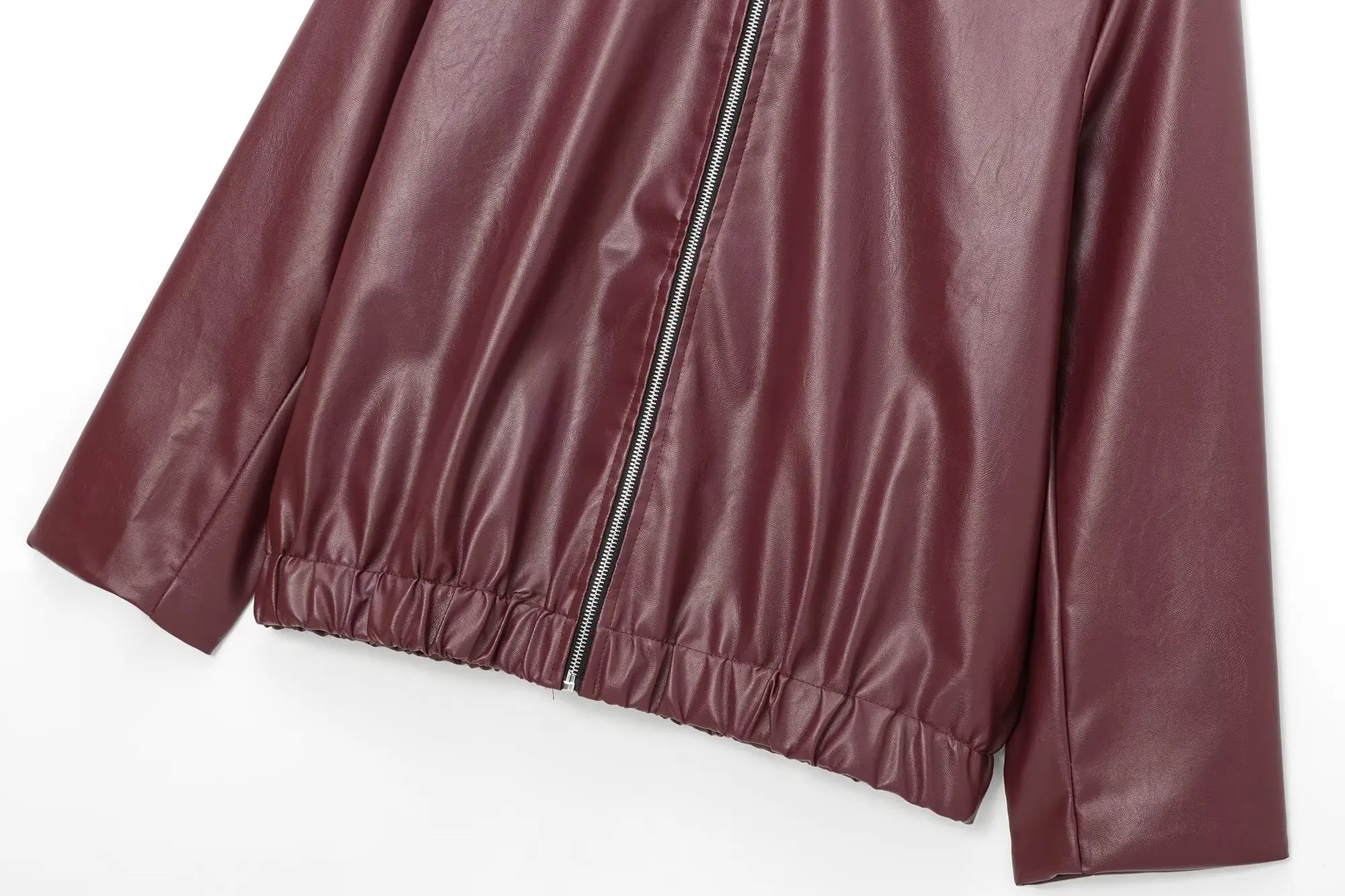 TRAFZA Wine Red Faux Leather Jacket for Women – Thicken Zipper Lapel Coat for Autumn & Winter