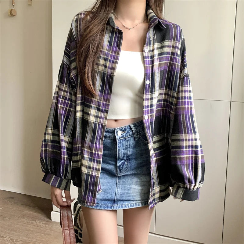 Plaid Shirt for Women, Autumn Long Sleeve Top, Vintage Fashion Blouse