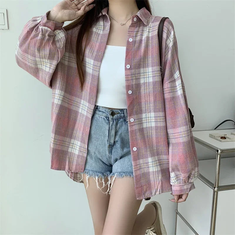 Plaid Shirt for Women, Autumn Long Sleeve Top, Vintage Fashion Blouse