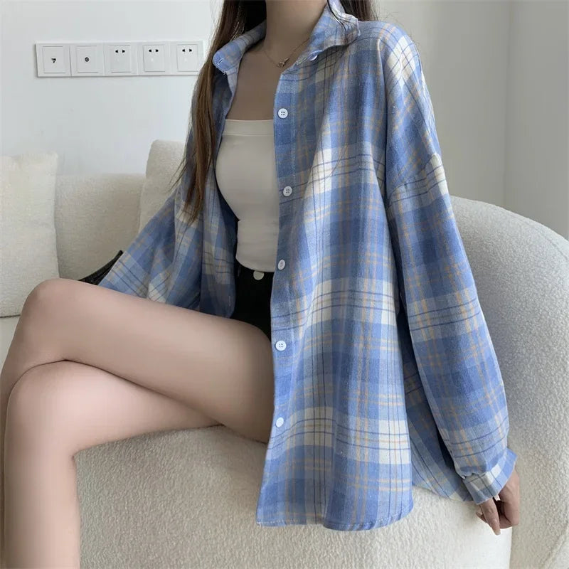 Plaid Shirt for Women, Autumn Long Sleeve Top, Vintage Fashion Blouse