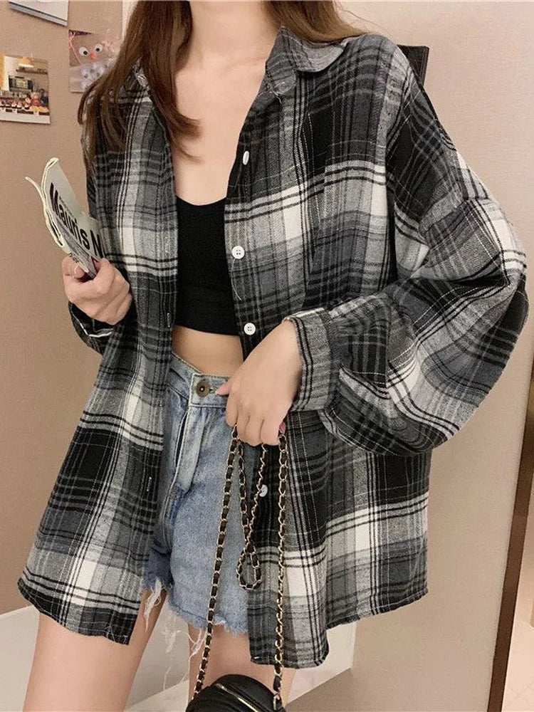 Plaid Shirt for Women, Autumn Long Sleeve Top, Vintage Fashion Blouse