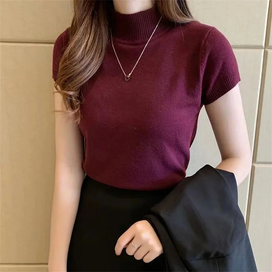 Women’s Spring Summer Knitted Turtleneck Sweater – Casual Short Sleeve Pullover Blouse