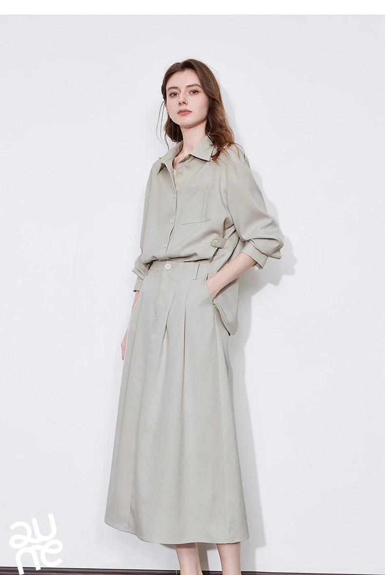 TOYOUTH Women Two-Piece Set Spring 2025 Long Sleeve Shirt & Mid-Length Skirt