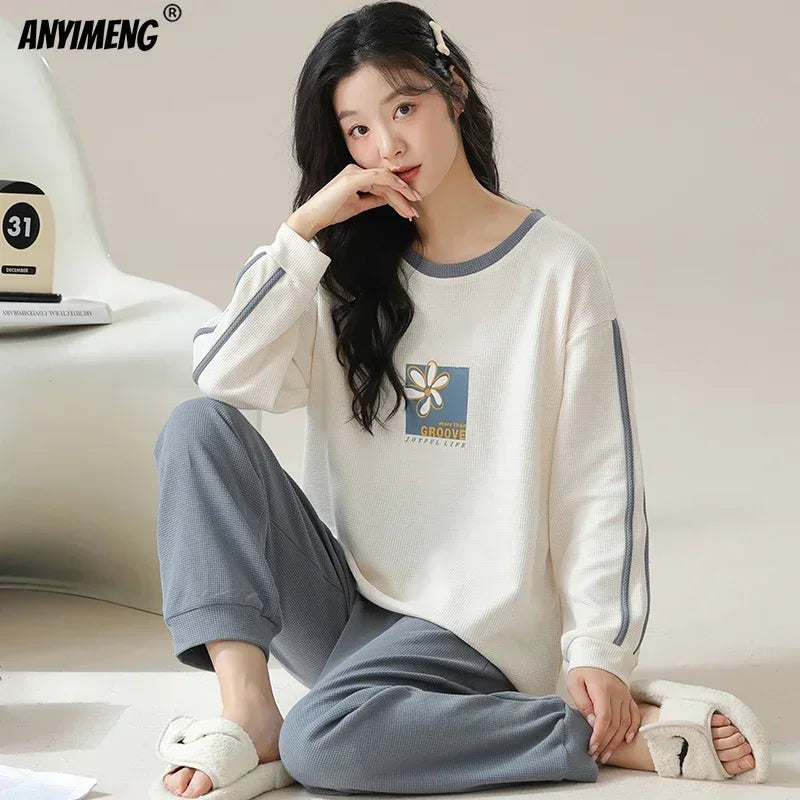 New Autumn Winter Waffle Cotton Pajamas for Women - Long Sleeves Sleepwear