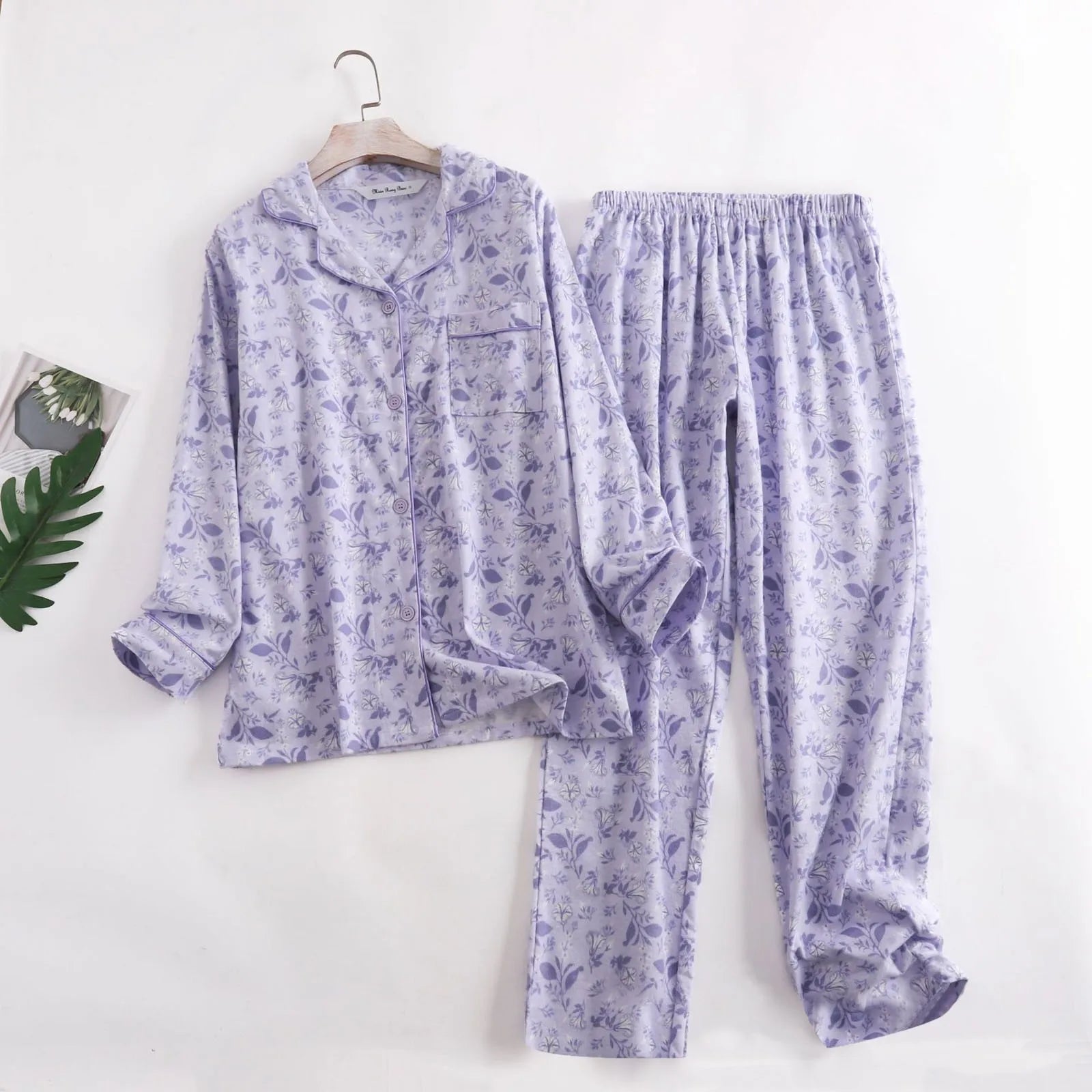 Ladies Cotton Pajamas Loungewear Plus Size Simple Loose Spring  Autumn And Winter Cartoon Floral Print Long Sleeve Trousers Set