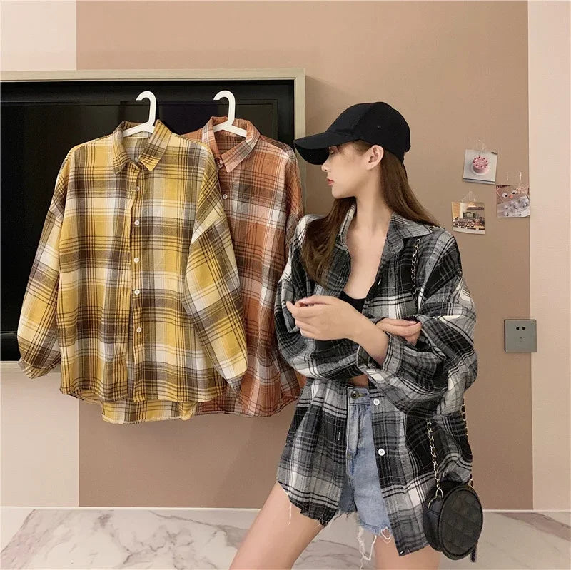 Plaid Shirt for Women, Autumn Long Sleeve Top, Vintage Fashion Blouse