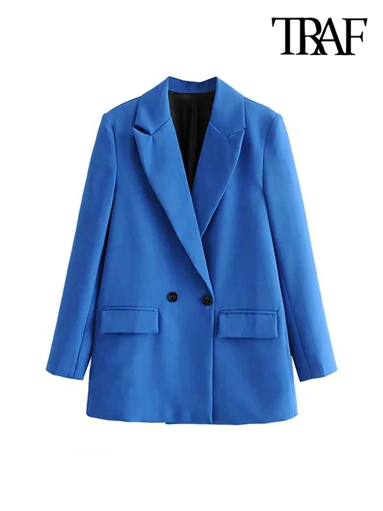 TRAF Women Chic Office Lady Double Breasted Blazer - Vintage Notched Collar Long Sleeve Coat