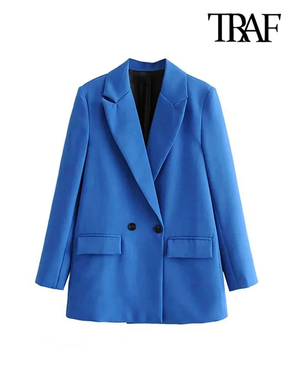 TRAF Women Chic Office Lady Double Breasted Blazer - Vintage Notched Collar Long Sleeve Coat